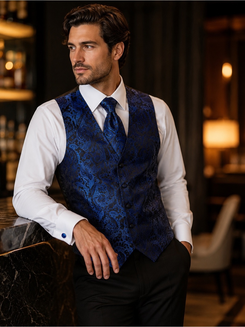 NWT Hi-Tie Men’s M Blue Paisley Tuxedo Vest Tie Cufflink Set